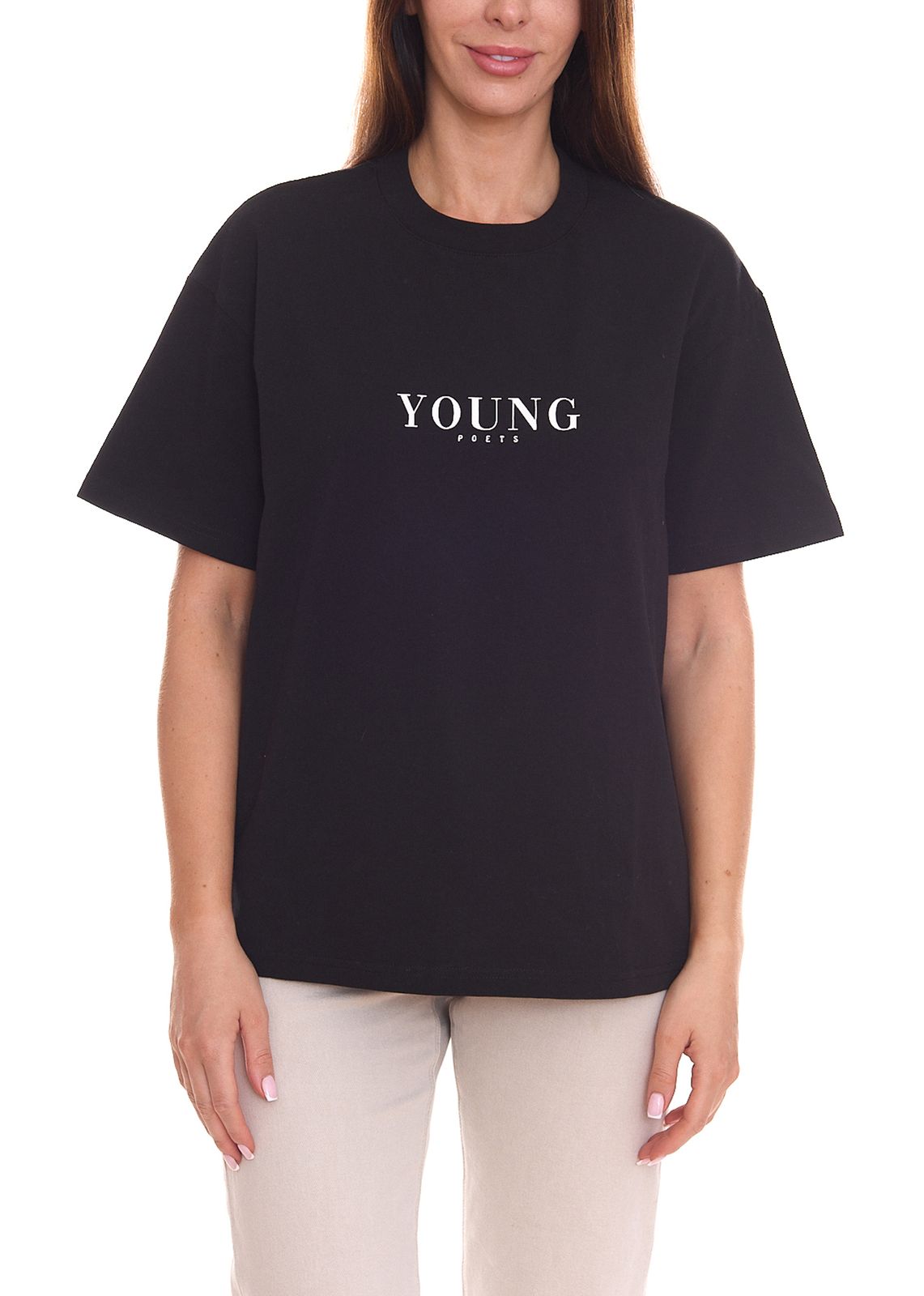 YOUNG POETS Damen nachhaltiges Baumwoll-Shirt Rundhals-Shirt mit großem Marken-Schriftzug 108169 Schwarz von YOUNG POETS