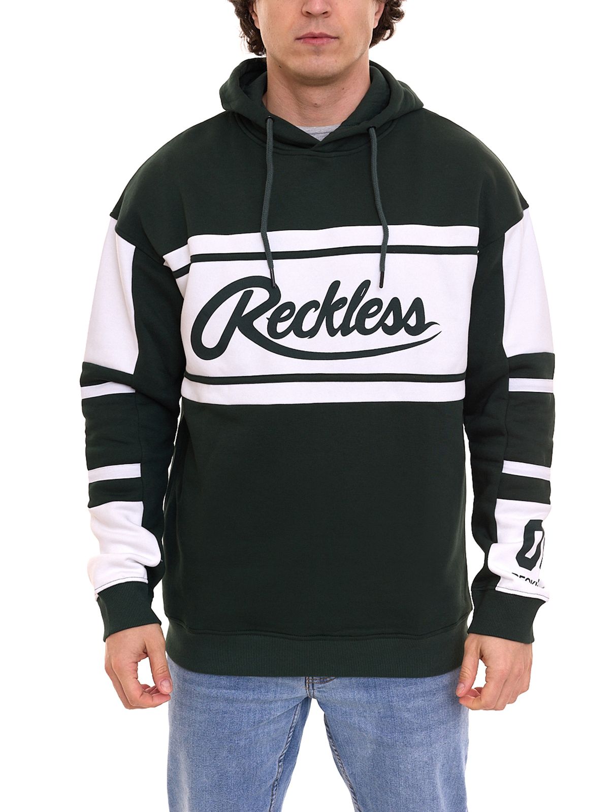 YOUNG & RECKLESS Brody Herren Kapuzen-Sweater Colour-Blocking Pullover Hoody aus Baumwolle Herbst Winter-Pullover 120035-738 Grün/Weiß von YOUNG  & RECKLESS