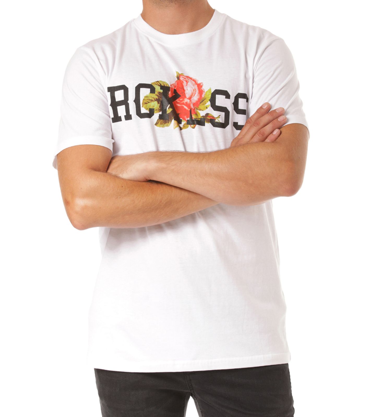 YOUNG & RECKLESS Descanso Herren T-Shirt Baumwoll-Shirt mit Rosen-Schriftzug-Print MTS3183WHT-300 Weiß von YOUNG  & RECKLESS