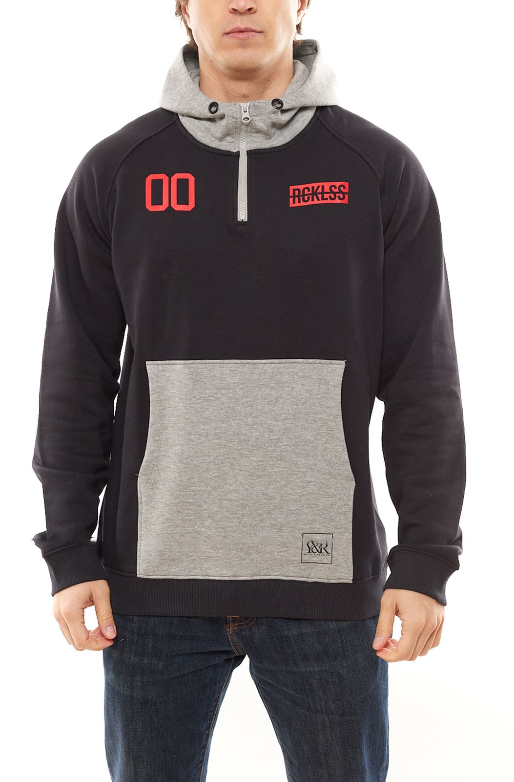 YOUNG & RECKLESS Herren Hoodie aus Baumwolle Kapuzen-Sweater mit Reißverschluss 120023-200 Grau/Schwarz von YOUNG  & RECKLESS