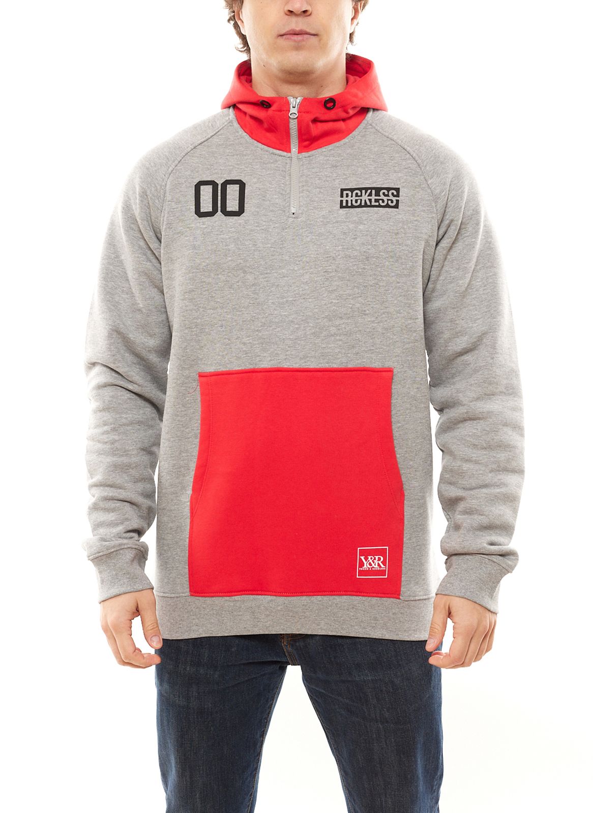 YOUNG & RECKLESS Herren Hoodie aus Baumwolle Kapuzen-Sweater mit Reißverschluss 120023-853 Grau/Rot von YOUNG  & RECKLESS