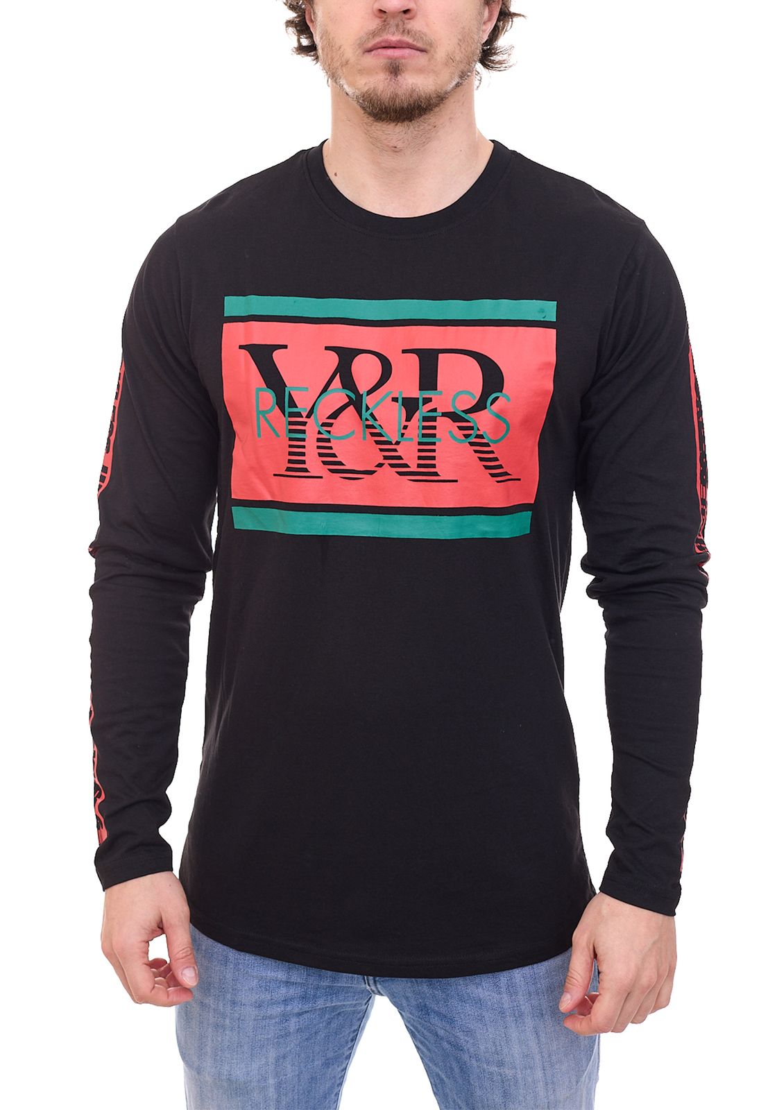 YOUNG & RECKLESS Hydro Herren Baumwoll-Shirt mit Marken-Schriftzug-Print auf Brust und über Ärmel Longsleeve Sweatshirt MLS3267BLK-200 Schwarz von YOUNG  & RECKLESS