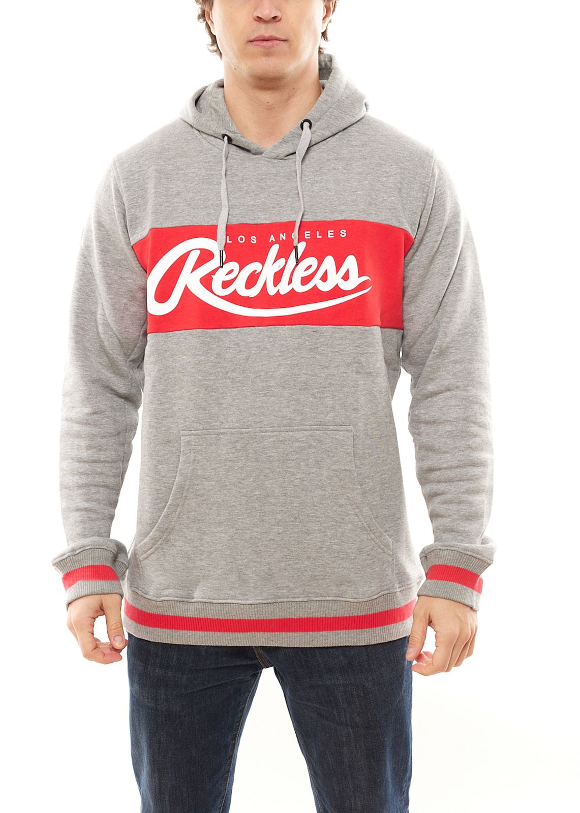 YOUNG & RECKLESS Opulent Herren Hoodie aus Baumwolle Kapuzen-Sweater 120031-853 Grau/Rot/Weiß von YOUNG  & RECKLESS