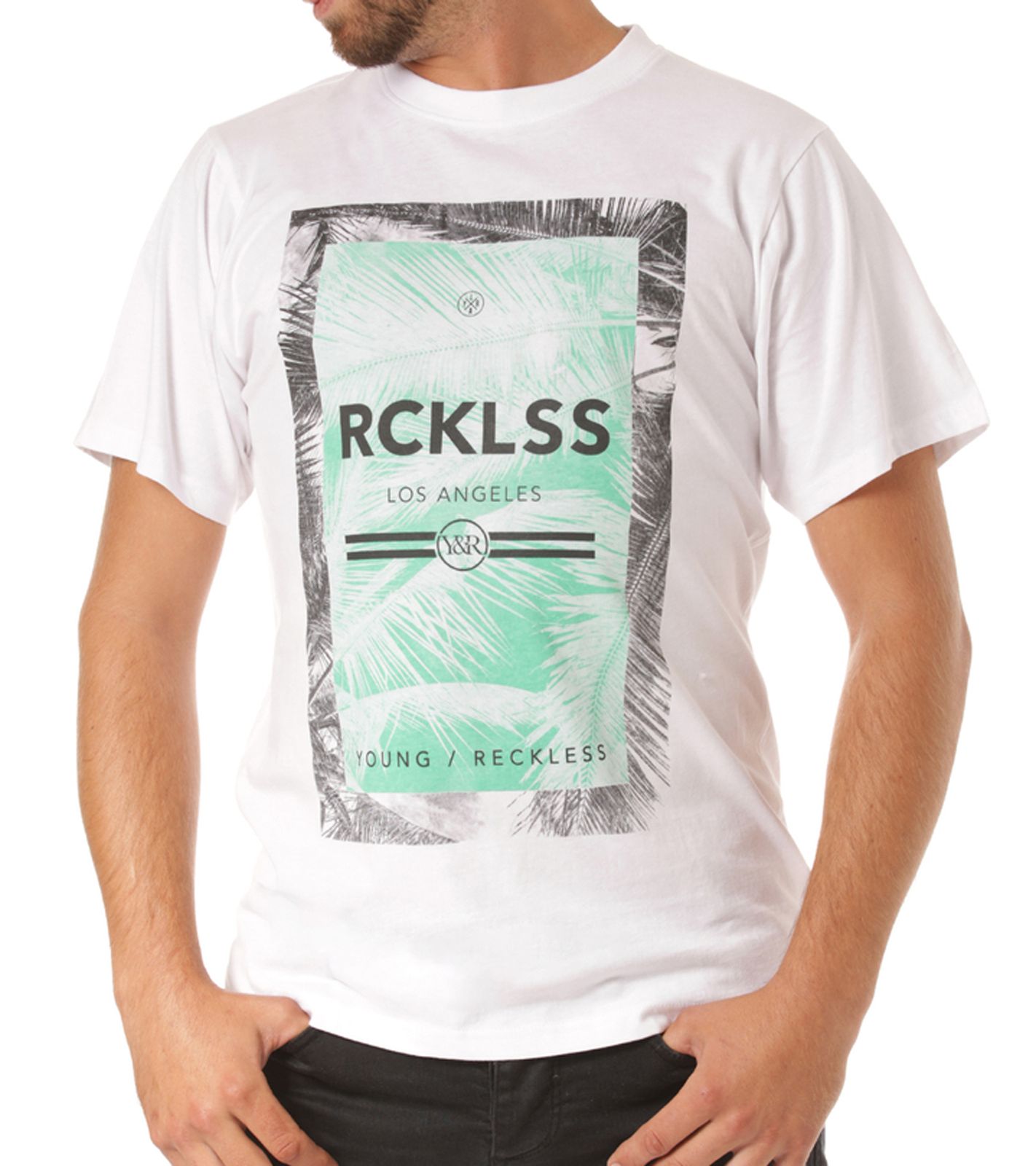 YOUNG & RECKLESS Pacific Eden Herren T-Shirt Baumwoll-Shirt mit Palmen-Schriftzug-Print MTS3194WHT-300 Weiß von YOUNG  & RECKLESS