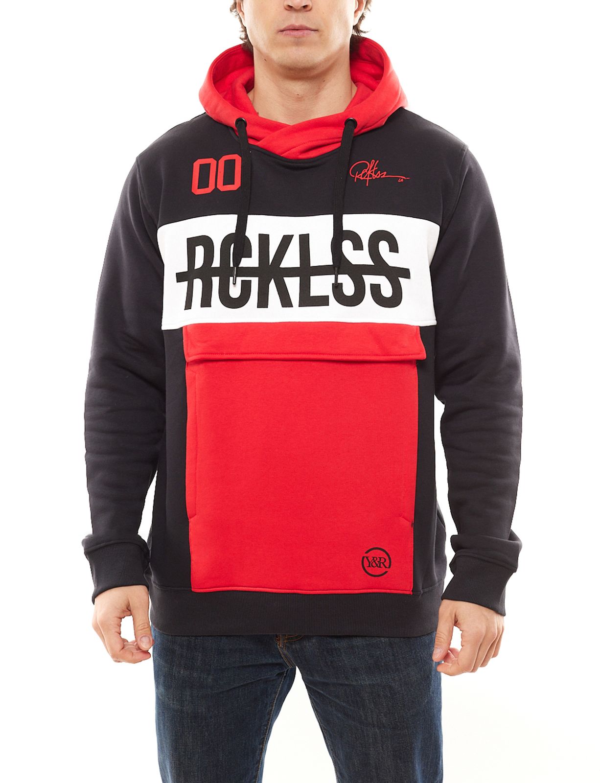 YOUNG & RECKLESS Strike Thru Herren Hoodie aus Baumwolle Kapuzen-Sweater 120029-200 Schwarz/Weiß/Rot von YOUNG  & RECKLESS