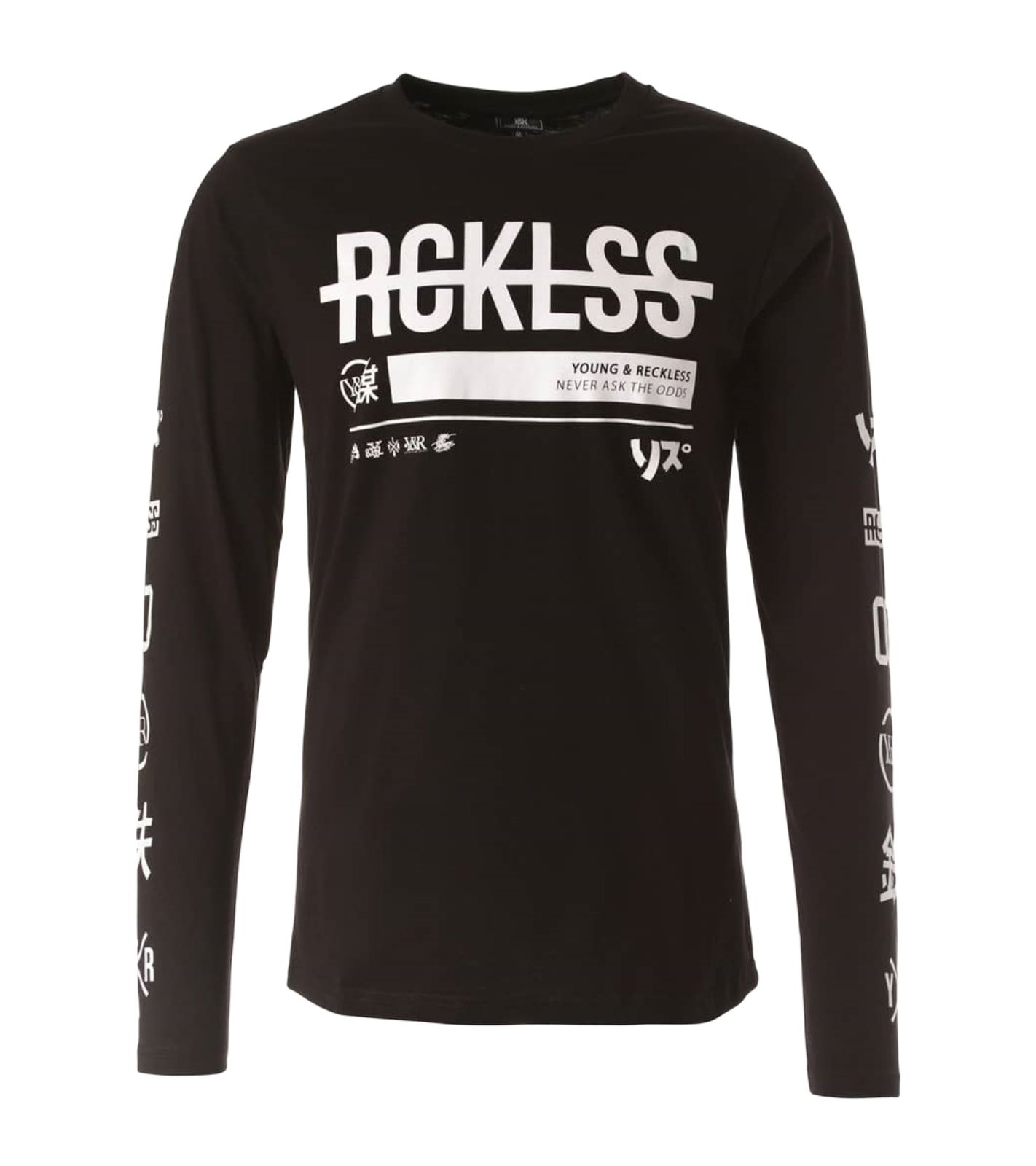 YOUNG & RECKLESS Strike Thru Herren Langarm-Shirt mit Front-Print Baumwoll-Shirt MLS1534WHT2-200 Schwarz von YOUNG  & RECKLESS