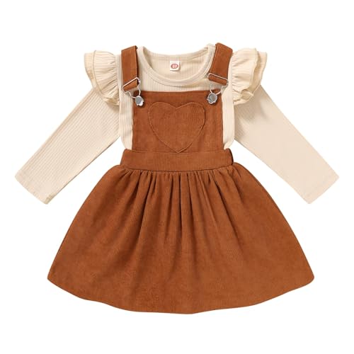 YOUNGER TREE Kleinkind Baby Mädchen Herbst Outfit Langarm Streifen T-Shirt und Träger Kleid Overall mit einer Tasche Kleidung Sets, F3 Brown, 4-5 Jahre von YOUNGER TREE