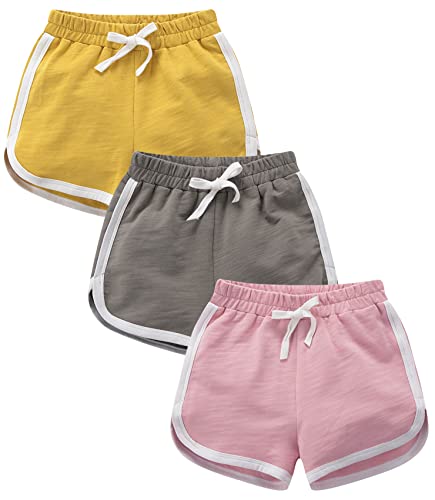 YOUNGSOUL 3er-Pack Mädchen Kurze Hose Sommer Baumwolle Shorts Kinder Sporthose Kurz Gelb/Grau/Rosa DE: 140-146 (Herstellergröße 150) von YOUNGSOUL