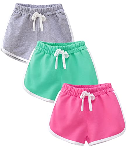 YOUNGSOUL 3er-Pack Mädchen Kurze Hose Sommer Baumwolle Shorts Kinder Sporthose Kurz Hellgrau/Grün/Rose DE: 122-128 (Herstellergröße 130) von YOUNGSOUL