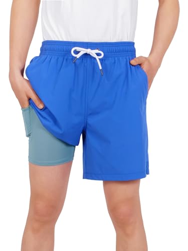 YOUNGSOUL Badehose Jungen Badeshorts mit Kompression Kinder 2 in 1 Schnelltrocknend Swim Shorts Boardshorts Schwimmhose Blau 134-140 Größe 140 von YOUNGSOUL