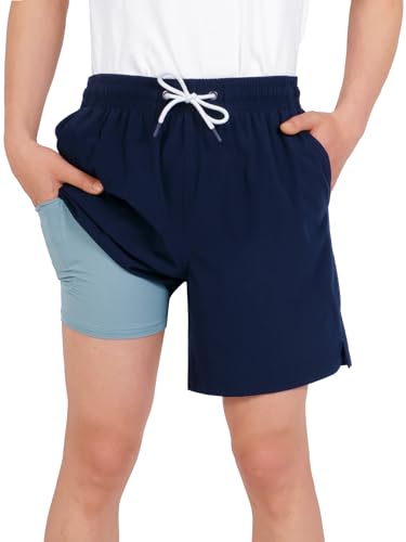 YOUNGSOUL Badehose Jungen Badeshorts mit Kompression Kinder 2 in 1 Schnelltrocknend Swim Shorts Boardshorts Schwimmhose Dunkelblau 146-152 Größe 150 von YOUNGSOUL