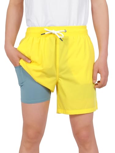 YOUNGSOUL Badehose Jungen Badeshorts mit Kompression Kinder 2 in 1 Schnelltrocknend Swim Shorts Boardshorts Schwimmhose Gelb 164-170 Größe 170 von YOUNGSOUL