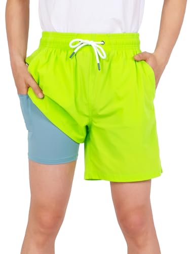 YOUNGSOUL Badehose Jungen Badeshorts mit Kompression Kinder 2 in 1 Schnelltrocknend Swim Shorts Boardshorts Schwimmhose Hellgrün 134-140 Größe 140 von YOUNGSOUL
