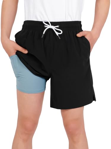 YOUNGSOUL Badehose Jungen Badeshorts mit Kompression Kinder 2 in 1 Schnelltrocknend Swim Shorts Boardshorts Schwimmhose Schwarz 122-128 Größe 130 von YOUNGSOUL