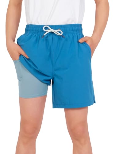 YOUNGSOUL Badehose Jungen Badeshorts mit Kompression Kinder 2 in 1 Schnelltrocknend Swim Shorts Boardshorts Schwimmhose Wasserblau 122-128 Größe 130 von YOUNGSOUL