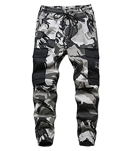 YOUNGSOUL Cargohose Kinder Camouflage Hose Jogginghose Jungen Tarnhose mit Gummizug, Grau DE:140-146 (Herstellergröße 140) von YOUNGSOUL