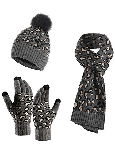 YOUNGSOUL Damen Mütze Schal Handschuhe Set, Warme Winterset Touchscreen Handschuhe Strickmütze mit Leopardenmuster Dunkelgrau von YOUNGSOUL