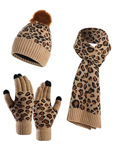 YOUNGSOUL Damen Mütze Schal Handschuhe Set, Warme Winterset Touchscreen Handschuhe Strickmütze mit Leopardenmuster Khaki von YOUNGSOUL