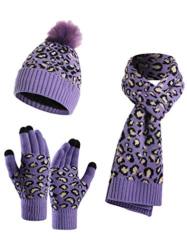 YOUNGSOUL Damen Mütze Schal Handschuhe Set, Warme Winterset Touchscreen Handschuhe Strickmütze mit Leopardenmuster Lila von YOUNGSOUL