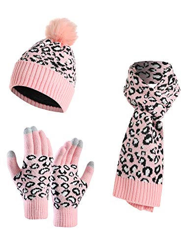 YOUNGSOUL Damen Mütze Schal Handschuhe Set, Warme Winterset Touchscreen Handschuhe Strickmütze mit Leopardenmuster Rosa von YOUNGSOUL