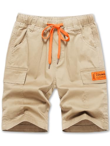 YOUNGSOUL Jungen Kurze Hosen Kinder Cargo Shorts Sommer Freizeithose Jungs Bermudas mit Kontrastierendem Kordelzug Khaki 2/146-152/Größe 150 von YOUNGSOUL