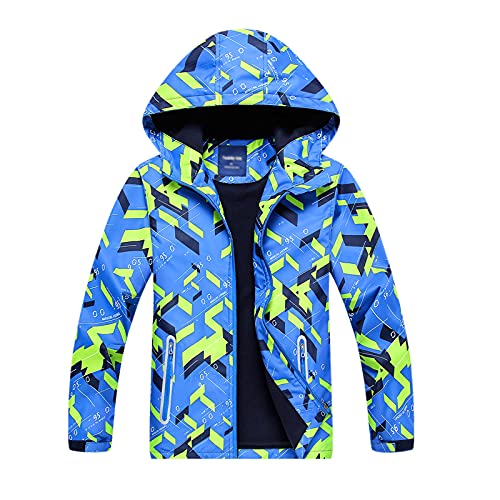 YOUNGSOUL Jungen Gefütterte Regenjacke Gemusterte Wasserdicht Winddicht Windjacke Regenmantel mit Kapuze Blau DE: 134-140 (Herstellergröße 140) von YOUNGSOUL