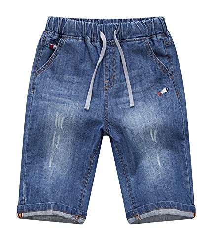 YOUNGSOUL Jungen Jeans Shorts Sommer Jeanshose Kinder Kurze Hose Jeansshorts mit aufgerolltem Saum,Blau 2,DE: 128 (Herstellergröße 130) von YOUNGSOUL