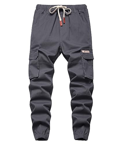 YOUNGSOUL Jungen Jogger Hose Slim Fit Stretch Kinder Cargo Jogginghose mit Gummizug Grau DE: 140-146 (Herstellergröße 140) von YOUNGSOUL