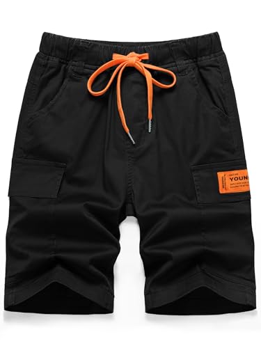 YOUNGSOUL Jungen Kurze Hosen Kinder Cargo Shorts Sommer Freizeithose Jungs Bermudas mit Kontrastierendem Kordelzug Schwarz 2/134-140/Größe 140 von YOUNGSOUL