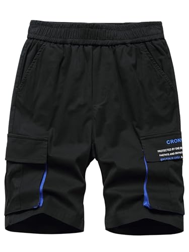 YOUNGSOUL Jungen Kurze Hosen Kinder Cargoshorts Sommer Shorts Freizeithose Gummibund Bermudas mit Kontrasttaschen Schwarz 164-170/Größe 170 von YOUNGSOUL