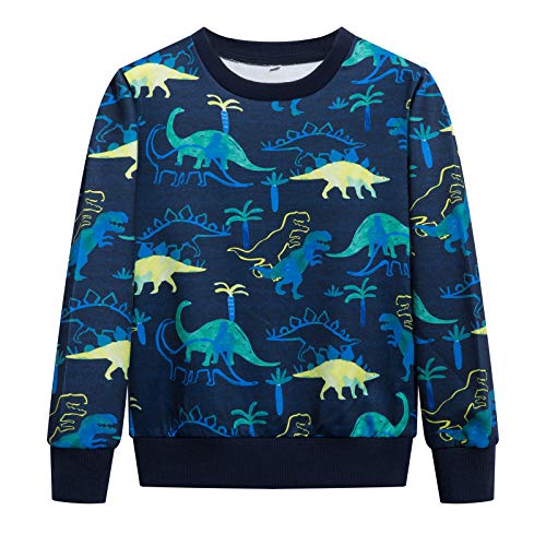 YOUNGSOUL Jungen Pullover Dinosaurier Sweatshirt Kinder Warme Rundhals Baumwolle Langarm T Shirts Blau Dino 116-122/Größe 120 von YOUNGSOUL