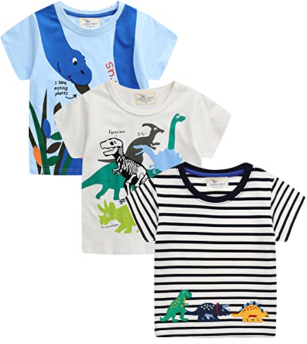 YOUNGSOUL Jungen T-Shirt Dinosaurier Kinder Kurzarm Shirt Sommer Casual Tops 3er-Pack Dino 3, 110-116/Größe 6T von YOUNGSOUL