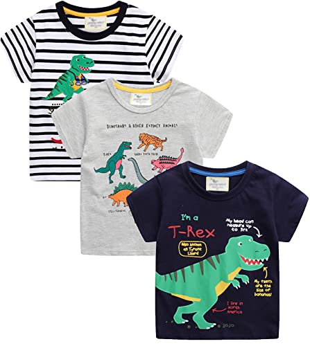 YOUNGSOUL Jungen T-Shirt Dinosaurier Kinder Kurzarm Shirt Sommer Casual Tops 3er-Pack Dino 4, 104-110/Größe 5T von YOUNGSOUL