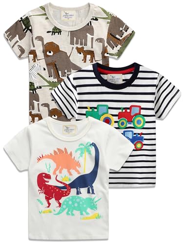 YOUNGSOUL Jungen T-Shirt Dinosaurier Kinder Kurzarm Shirt Sommer Casual Tops 3er-Pack Gemustert, 116-122/Größe 7T von YOUNGSOUL