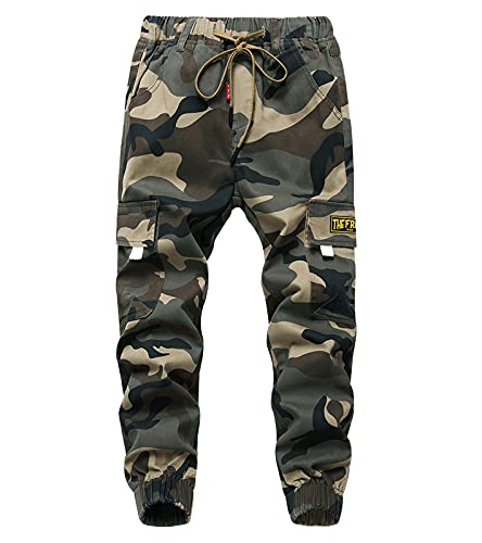 YOUNGSOUL Kinder Cargohose Jungen Jogginghose Camouflage Jogger Hose mit Gummizug Gelb Grau DE:140-146 (Herstellergröße 140) von YOUNGSOUL