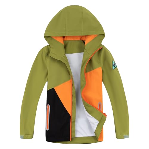 YOUNGSOUL Kinder Regenjacke mit Farbblock Mädchen Jungen Softshelljacke Übergangsjacke Win und Wasserdicht Windjacke mit Kapuze Armeegrün DE: 146-152 (Herstellergröße 150) von YOUNGSOUL