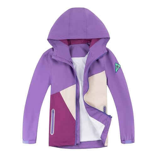 YOUNGSOUL Kinder Regenjacke mit Farbblock Mädchen Jungen Softshelljacke Übergangsjacke Win und Wasserdicht Windjacke mit Kapuze Lila DE: 152-158 (Herstellergröße 160) von YOUNGSOUL