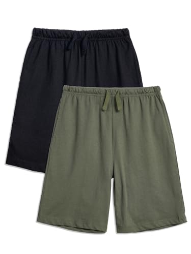 YOUNGSOUL Kinder Sweat Shorts Mädchen Jungen Kurze Hose Jogginghose Sommer Sporthosen 2er Pack Schwarz/Armeegrün 140-146/Größe 150 von YOUNGSOUL