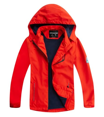 YOUNGSOUL Kinder wasserdichte Regenjacke mit Abnehmbarer Kapuze Mädchen Jungen Übergangsjacke Gefütterte Outdoorjacke Schwarz Rot DE: 152-158 (Herstellergröße 160) von YOUNGSOUL