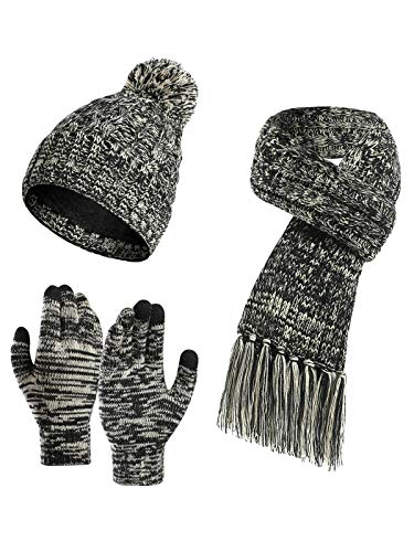 YOUNGSOUL Mütze Schal Handschuhe Set Damen Wintermütze mit Fleecefutter Warme Beanie Touchscreen Handschuhe und Strickschal mit Fransen Schwarz von YOUNGSOUL