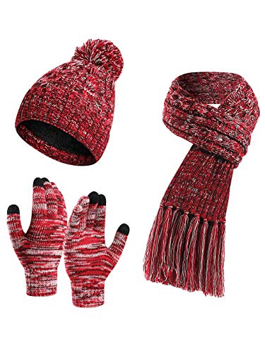 YOUNGSOUL Mütze Schal Handschuhe Set Damen Wintermütze mit Fleecefutter Warme Beanie Touchscreen Handschuhe und Strickschal mit Fransen Weinrot von YOUNGSOUL