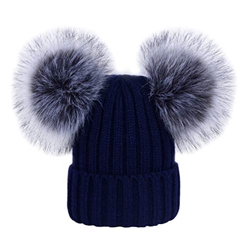 YOUNGSOUL Strickmütze für Baby Mädchen Jungen Wintermütze Gerippte Beanie Mützen mit Zwei Bommeln aus Kunstfell Marine 0-6 Jahre von YOUNGSOUL