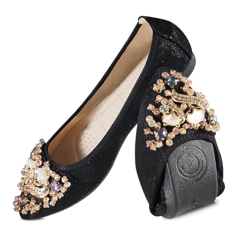 YOUNIFIZ Ballerinas für Damen, Strass, Hochzeit, faltbar, glitzernd, bequem, flache Schuhe, Fox Black, 39.5 EU YOUNIFIZ Ballerinas für Damen, Strass, Hochzeit, faltbar, glitzernd, bequem, flache Schuhe, Fox Black, 39.5 EU von YOUNIFIZ
