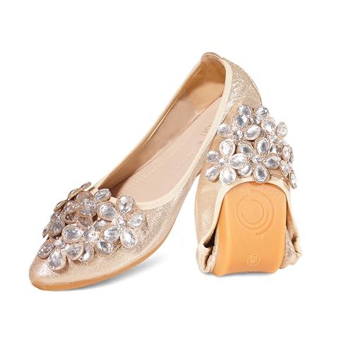 YOUNIFIZ Damen-Ballerinas, glitzernd, niedlich, Strass, Hochzeits-Ballerinas, faltbar, glitzernd, bequem, flache Schuhe, Five Flowers-Gold, 39.5 EU von YOUNIFIZ