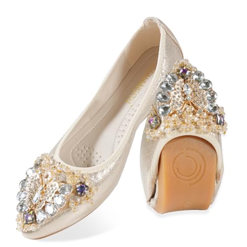 YOUNIFIZ Damen Ballerinas Strass Hochzeit Ballerina Schuhe Faltbar Sparkly Comfort Slip on Flache Schuhe, Gold, 38.5 EU YOUNIFIZ Damen Ballerinas Strass Hochzeit Ballerina Schuhe Faltbar Sparkly Comfort Slip on Flache Schuhe, Gold, 38.5 EU von YOUNIFIZ
