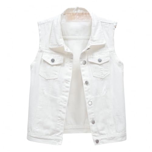 YOUNIFIZ Damen Cropped Denim Weste Ärmellos Button Down Jeans Weste Casual Revers Kragen Denim Jacken mit Taschen, weiß, S von YOUNIFIZ