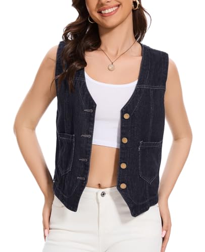 YOUNIFIZ Damen Cropped Denim Weste Top V Ausschnitt Knopfleiste Ärmellos Jeansjacke Weste Weste, Schwarz , XL von YOUNIFIZ