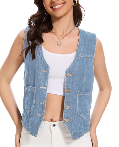 YOUNIFIZ Damen Cropped Denim Weste Top V Ausschnitt Knopfleiste Ärmellos Jeansjacke Weste Weste, hellblau, L von YOUNIFIZ