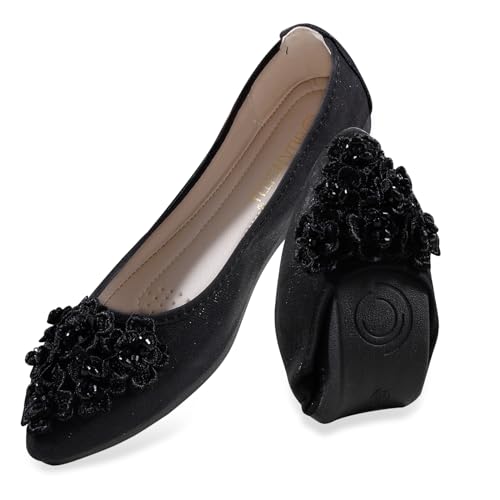 YOUNIFIZ Damen Flats Faltbare Ballerinas für Frauen Flower Pionted Toe Komfort Leicht Slip On Kleid Schuhe, Flower Black-2, 38.5 EU von YOUNIFIZ