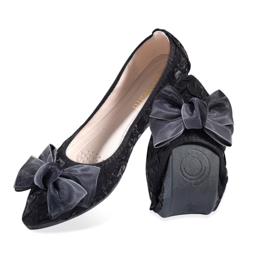 YOUNIFIZ Damen Flats Faltbare Ballerinas für Frauen Mode Fliege Pionted Toe Komfort Leichte Slip-On Kleid Schuhe, Bowtie Black-2, 37.5 EU von YOUNIFIZ